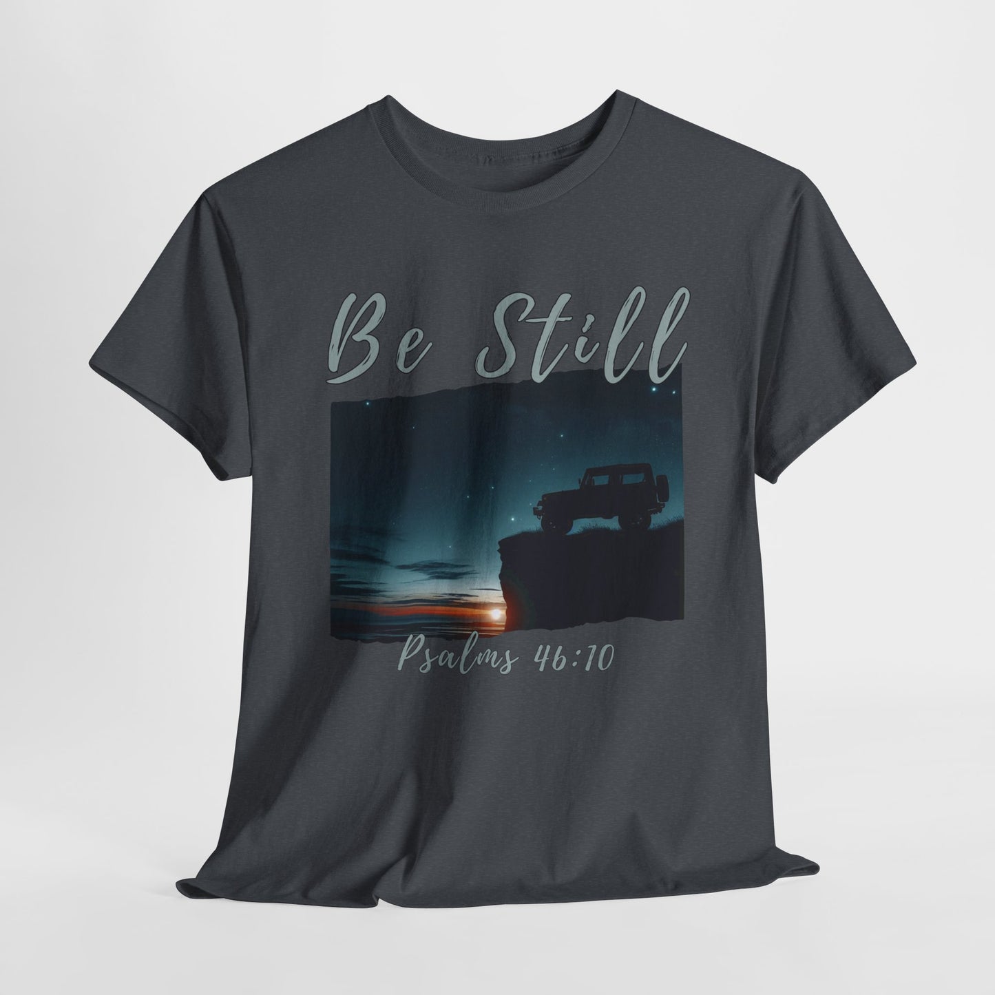 Be Still Inspirational 4x4 Mountain Sunset Tee – Psalms 46:10