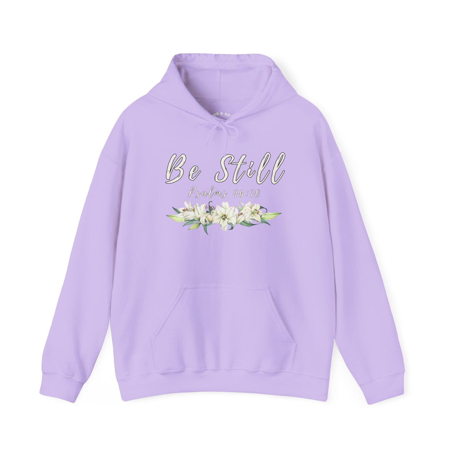 "Be Still" hooded sweatshirt with Psalms 46:10 Bible verse.