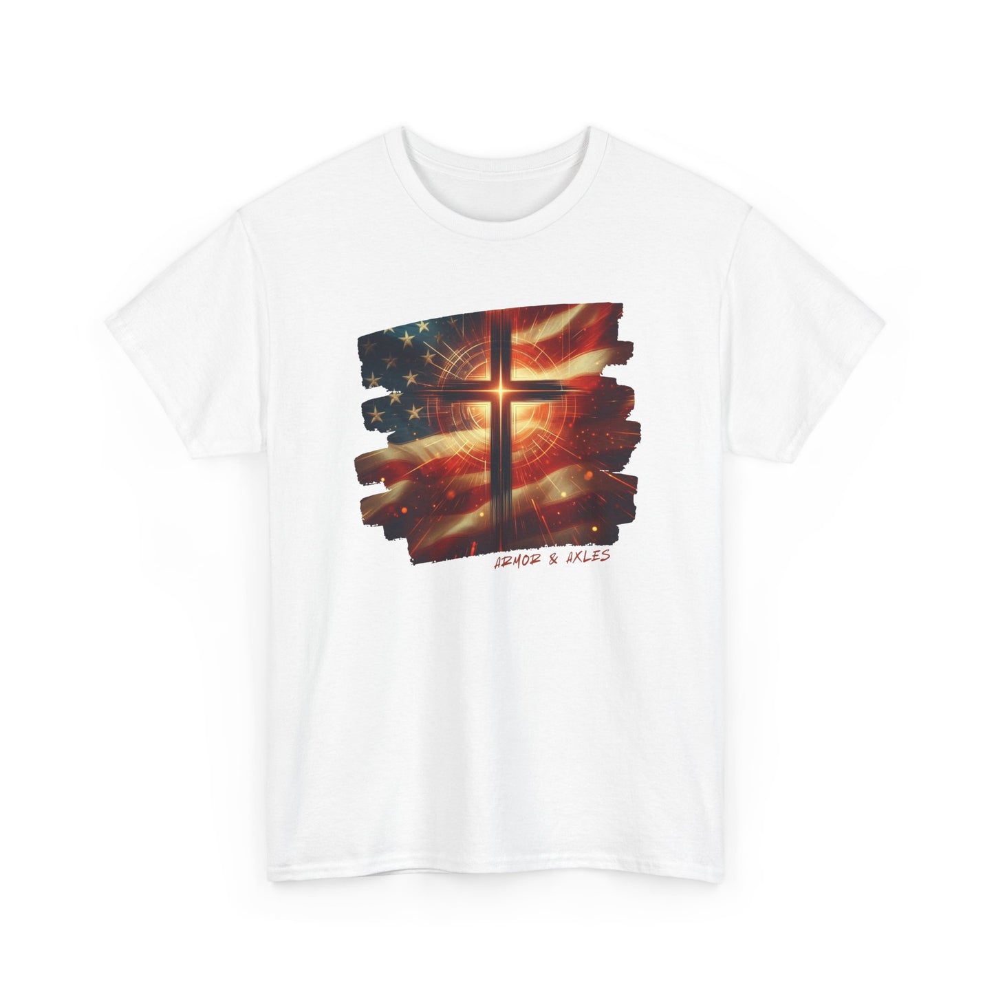 Radiant Cross American Flag T-Shirt – Christian Patriotic Graphic Tee | White