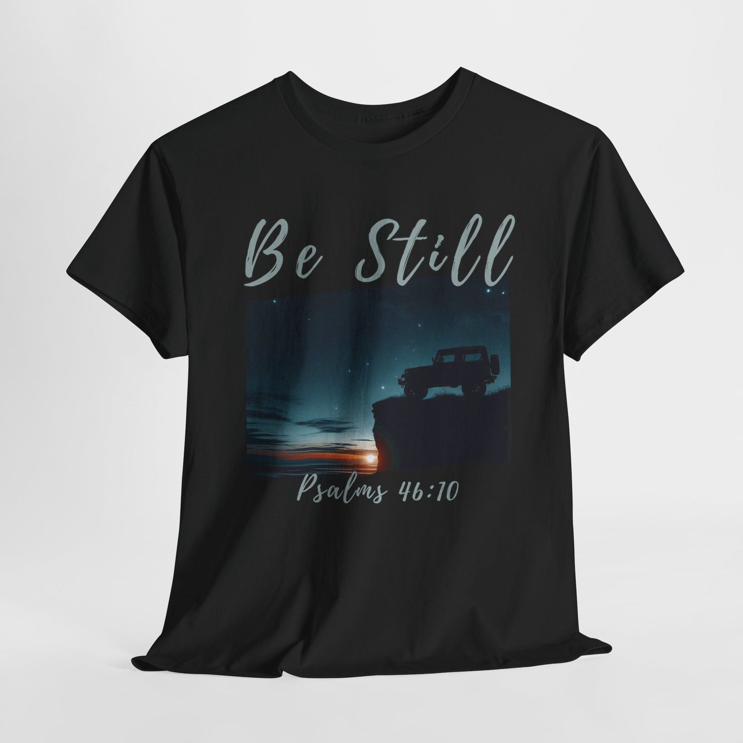 Be Still Inspirational 4x4 Mountain Sunset Tee – Psalms 46:10