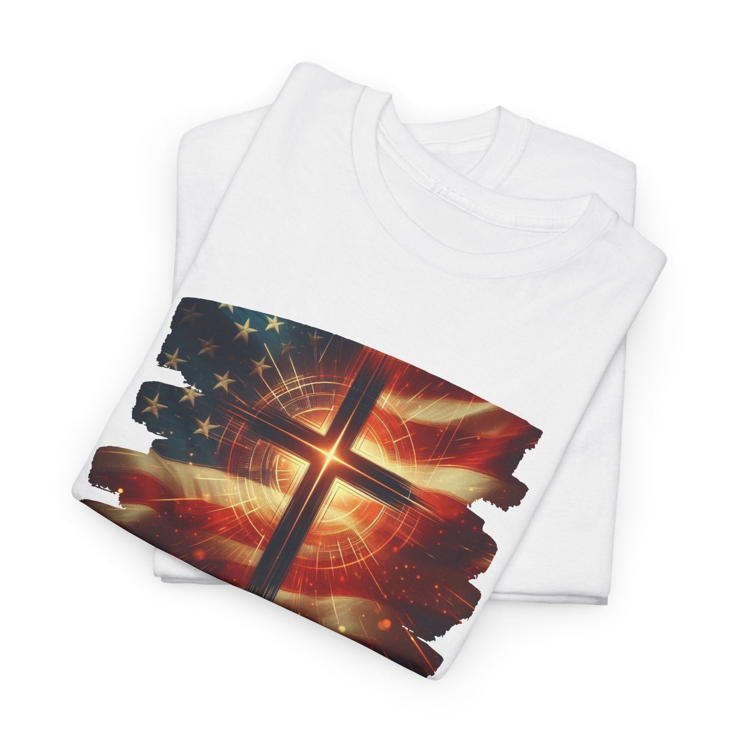 Radiant Cross American Flag T-Shirt – Christian Patriotic Graphic Tee | White