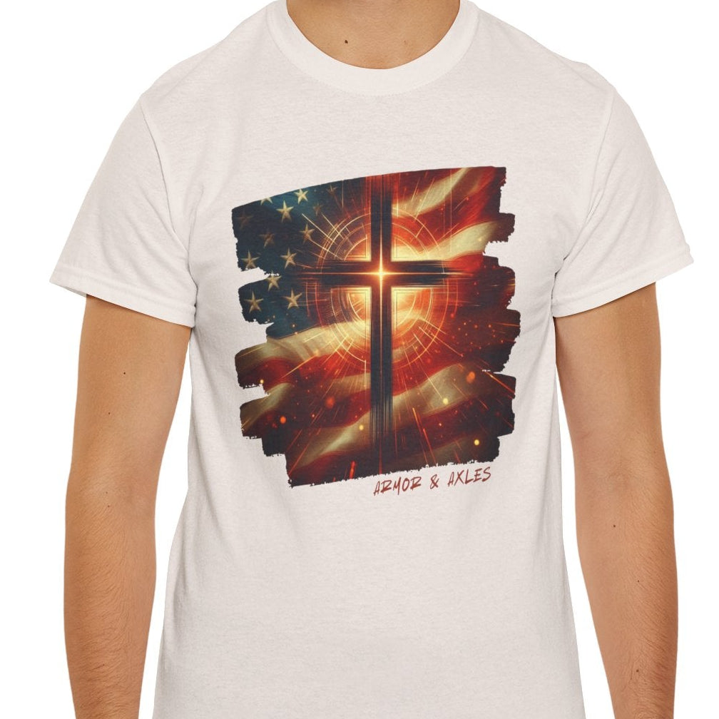 Radiant cross American flag Christian t-shirt

Faith and freedom patriotic Christian apparel

Christian patriotic graphic tee by Armor & Axles