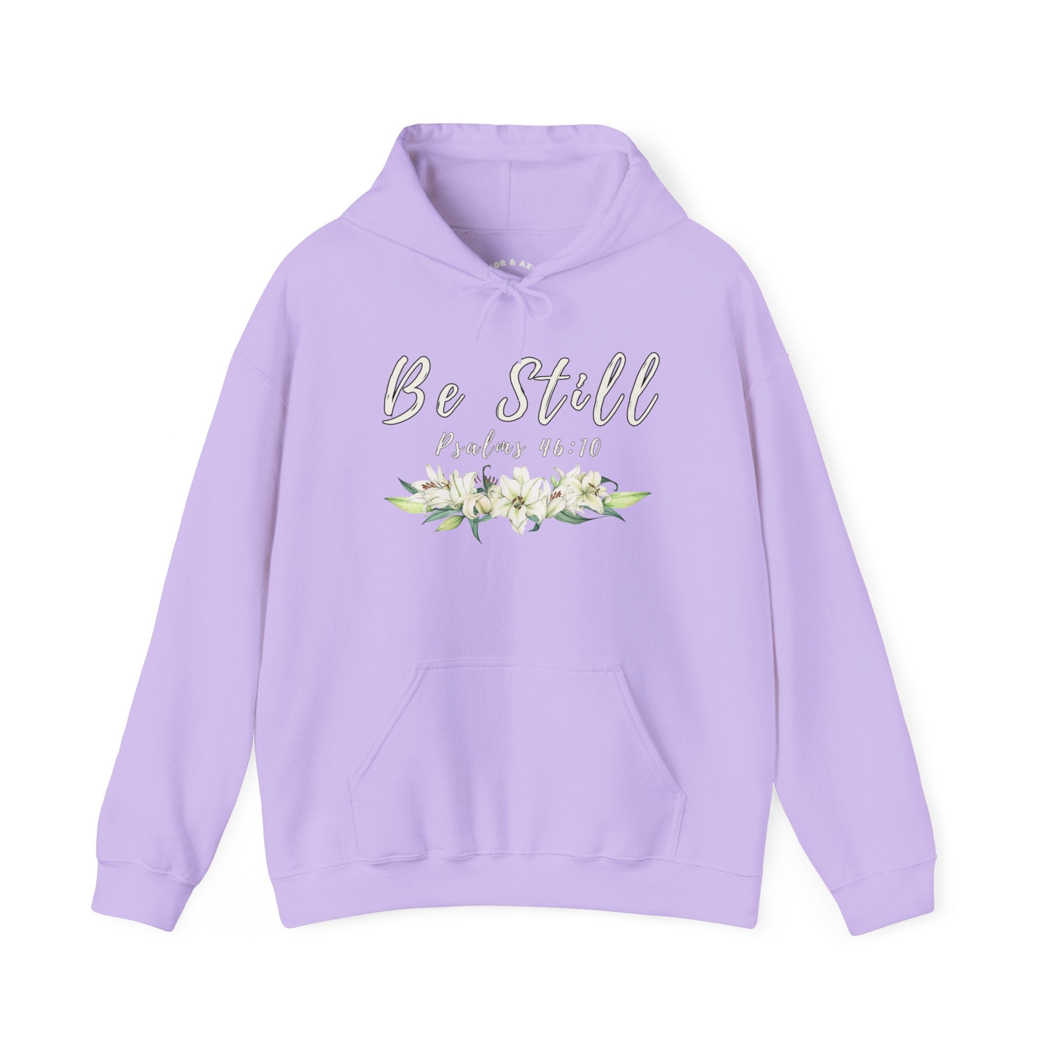 "Be Still" hooded sweatshirt with Psalms 46:10 Bible verse.
