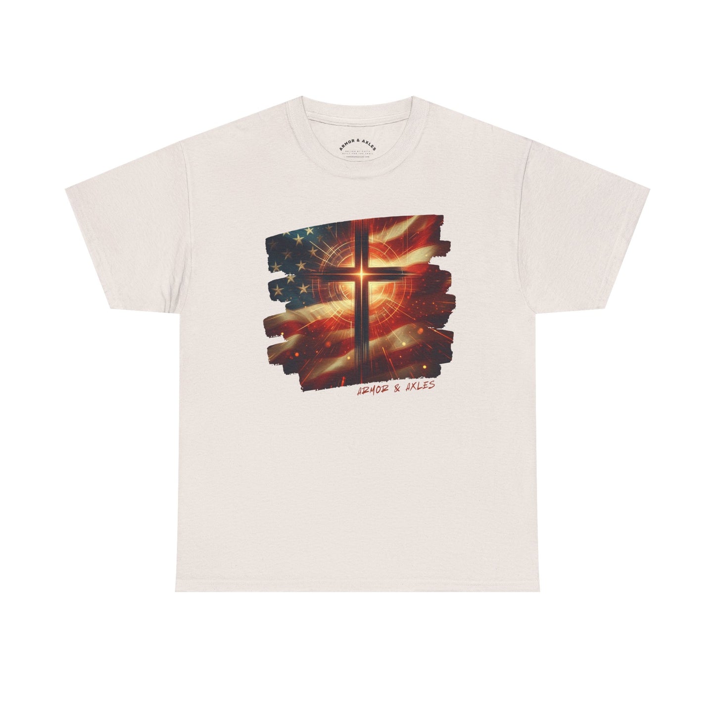 Radiant Cross American Flag T-Shirt – Christian Patriotic Graphic Tee | White