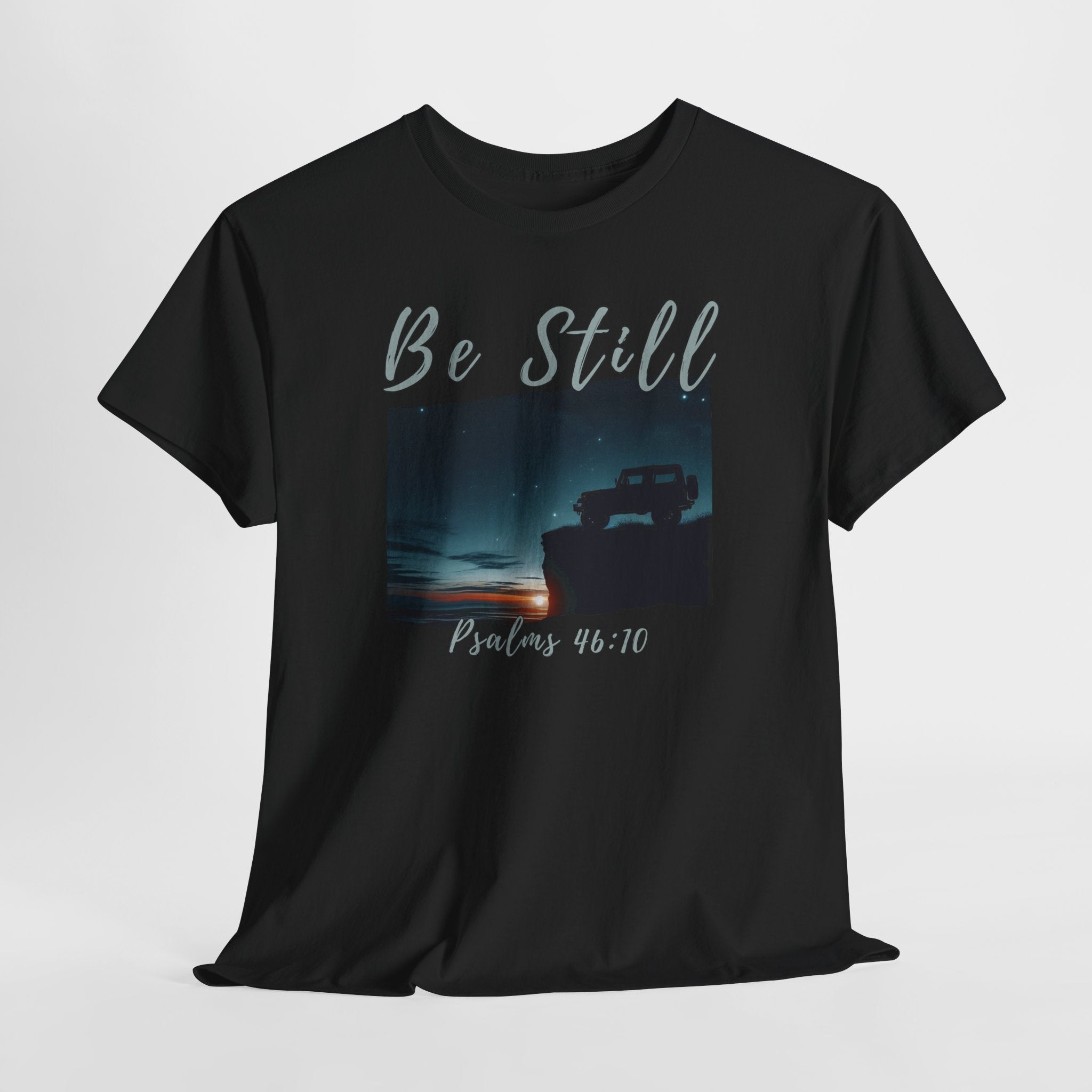 Be Still Inspirational 4x4 Mountain Sunset Tee – Psalms 46:10