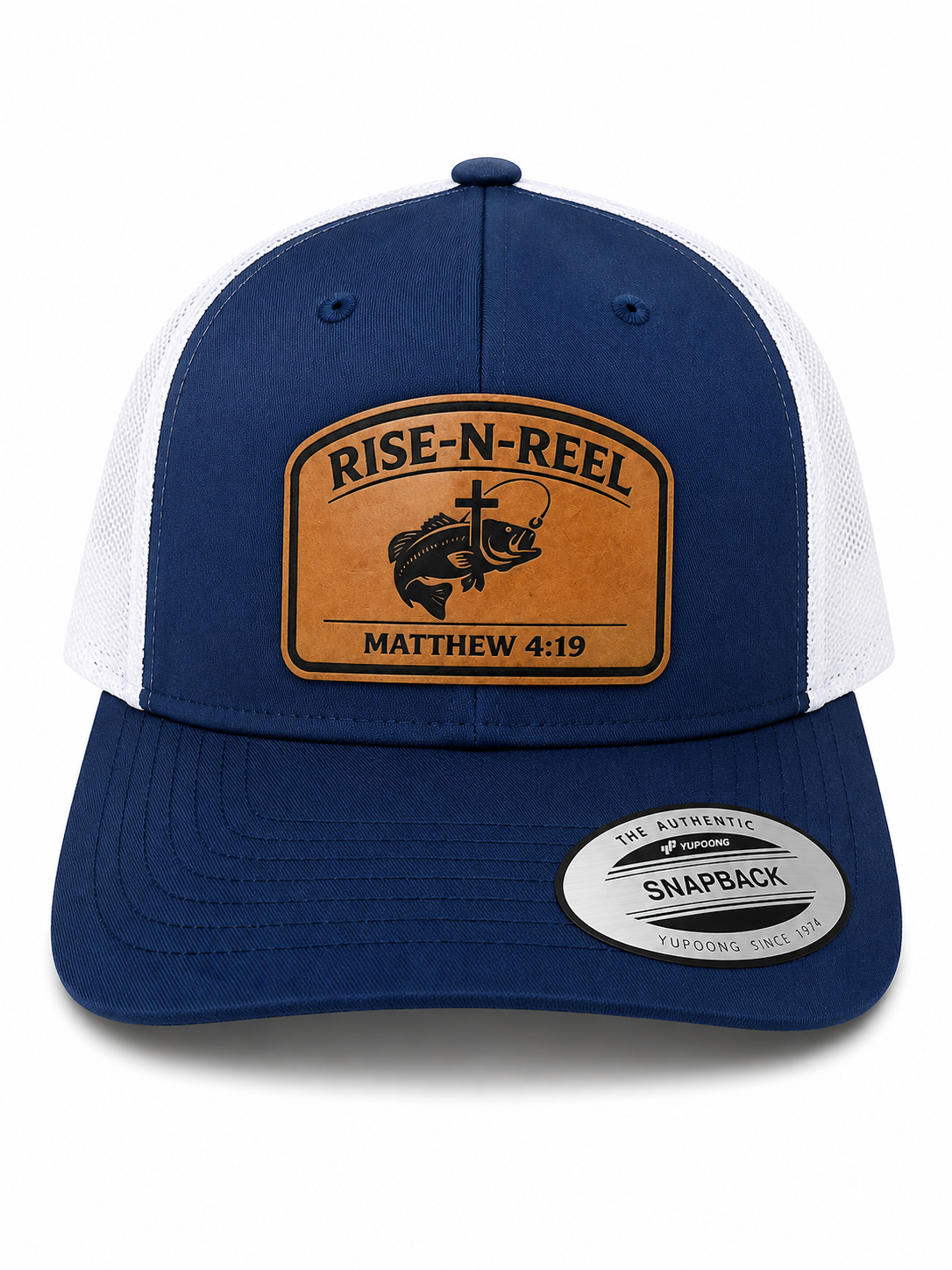 Rise-N-Reel Fishing Hat | Matthew 4:19 Leather Patch Yupoong Trucker