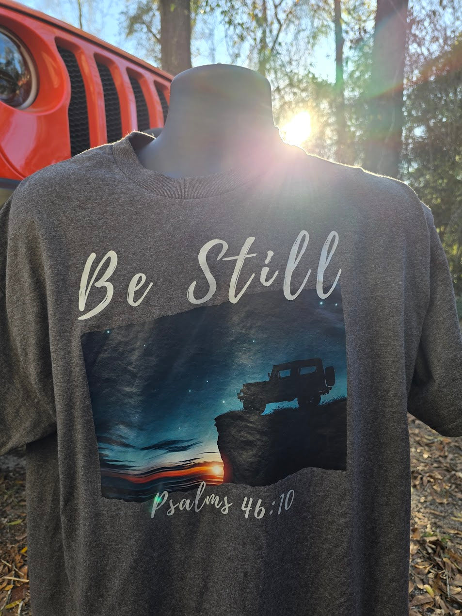 Be Still Inspirational 4x4 Mountain Sunset Tee – Psalms 46:10