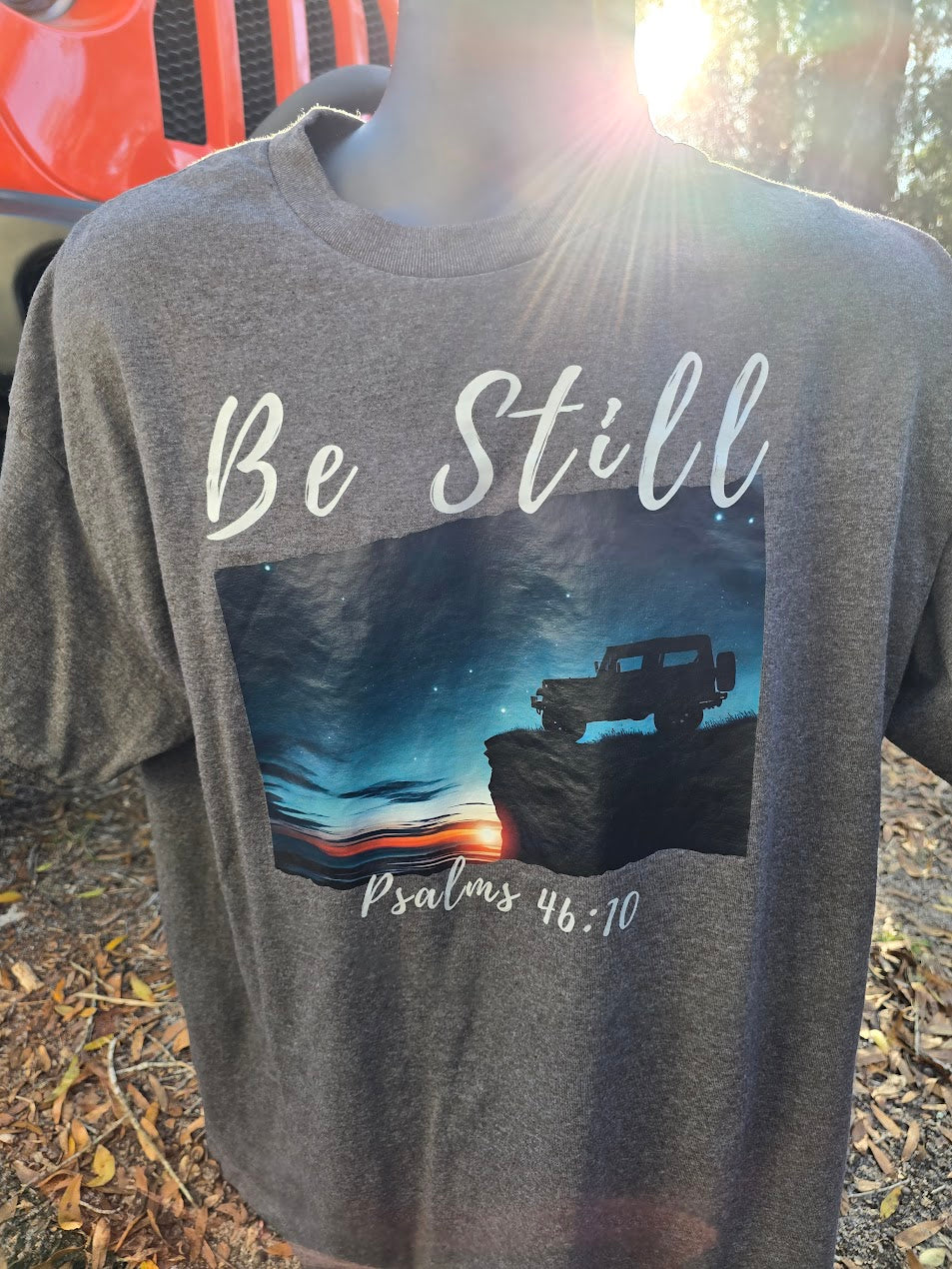 Be Still Inspirational 4x4 Mountain Sunset Tee – Psalms 46:10