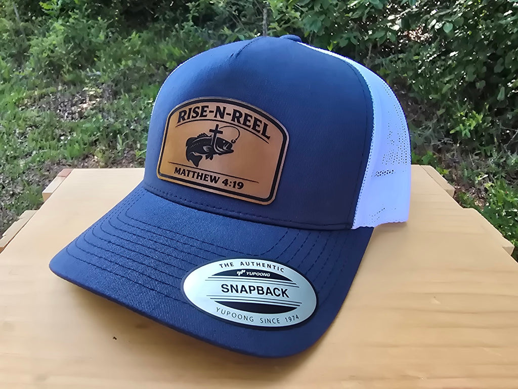 Rise-N-Reel Fishing Hat | Matthew 4:19 Leather Patch Yupoong Trucker