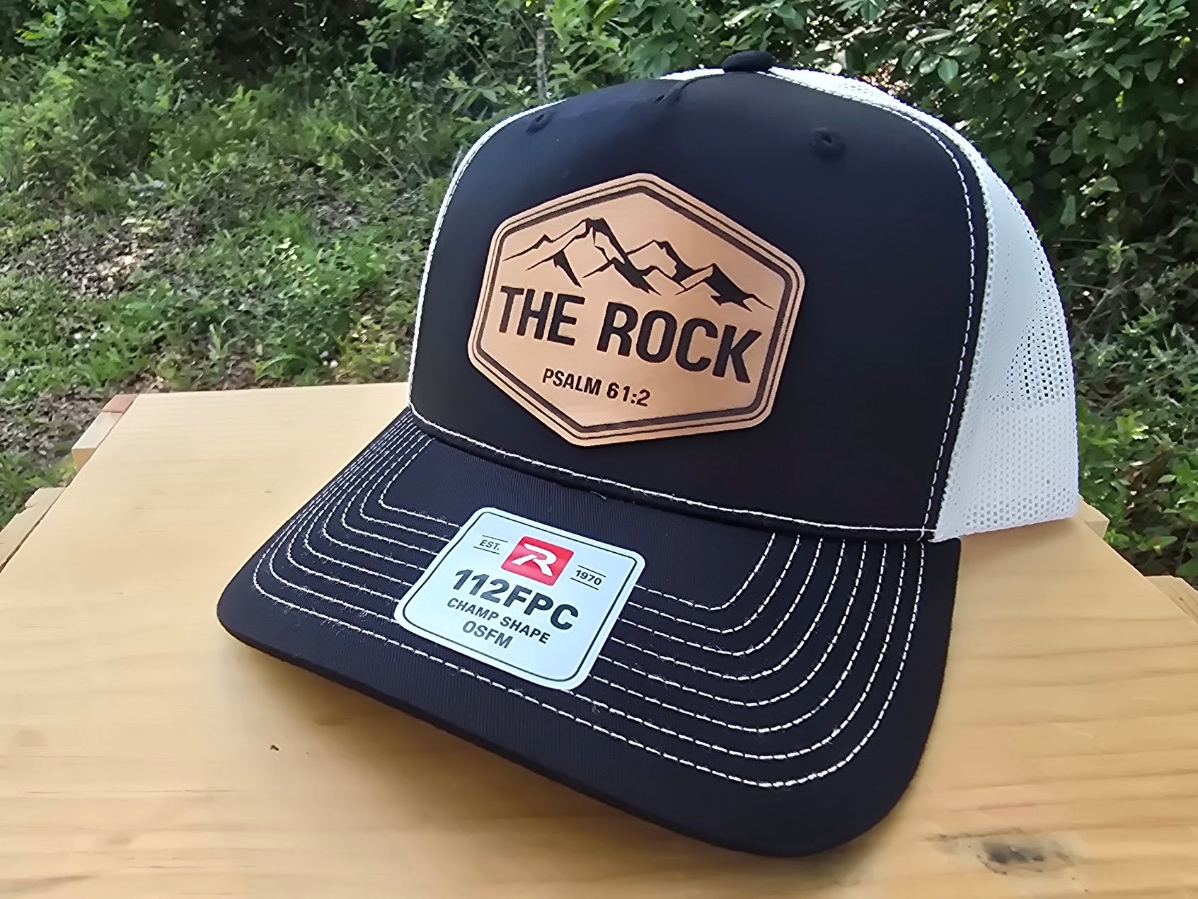 The Rock Leather Patch Hat | Psalm 61:2 Richardson 112FPC Trucker Cap