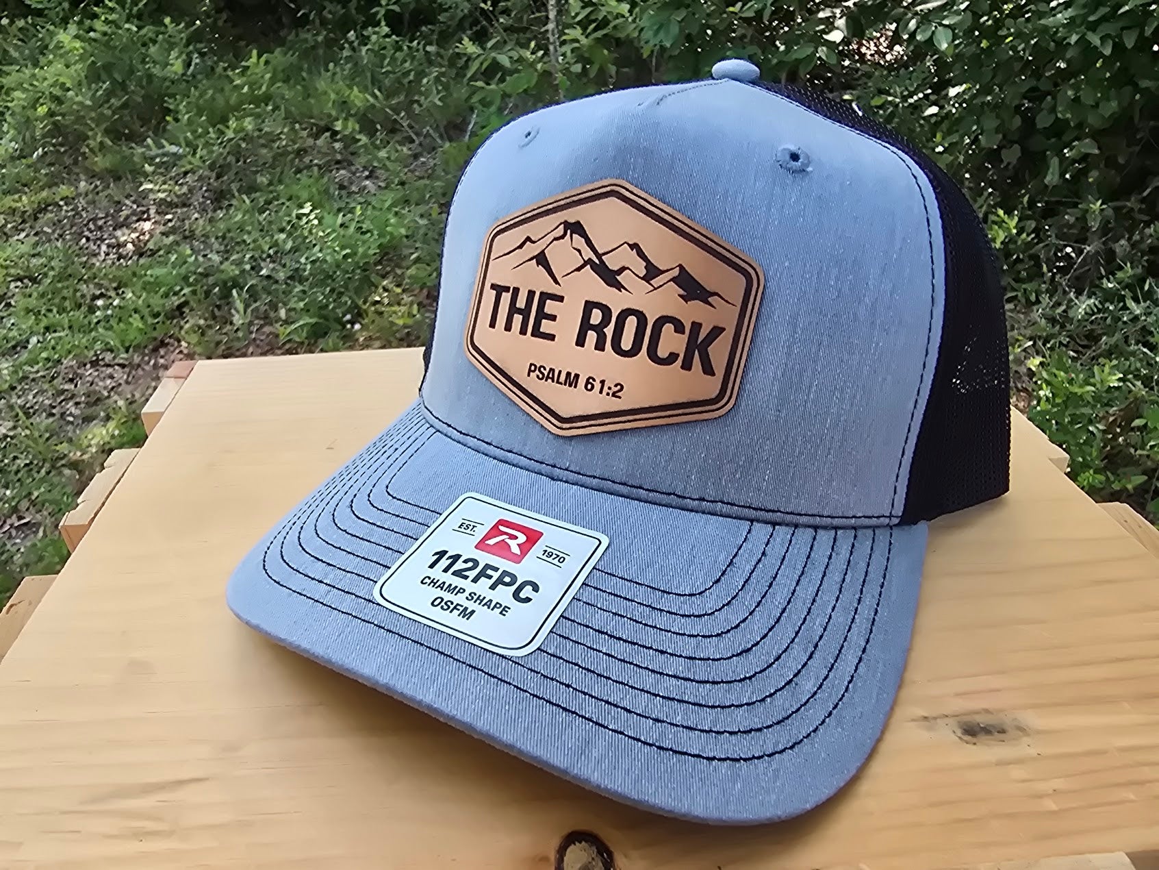 The Rock Leather Patch Hat | Psalm 61:2 Richardson 112FPC Trucker Cap