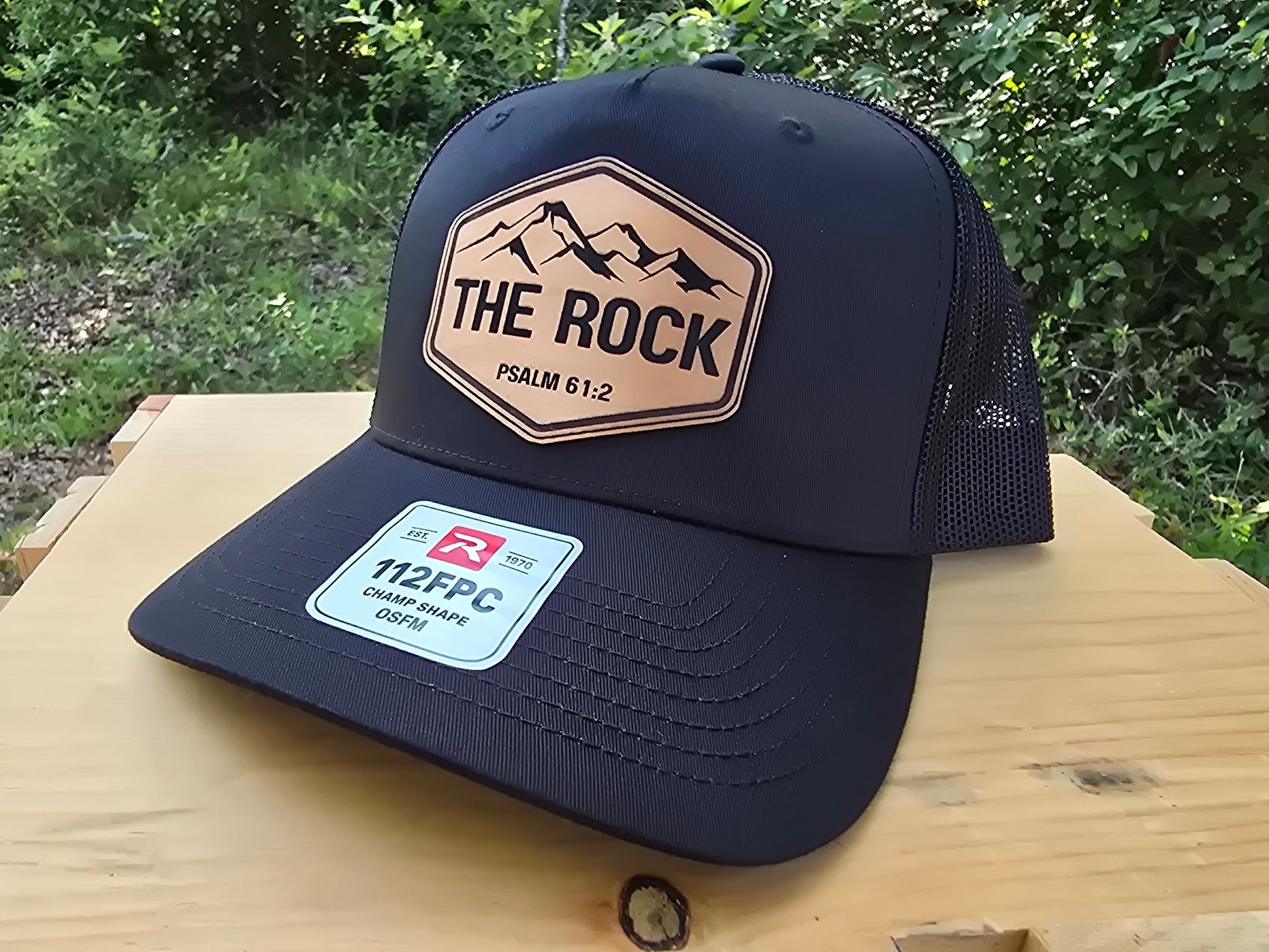 The Rock Leather Patch Hat | Psalm 61:2 Richardson 112FPC Trucker Cap