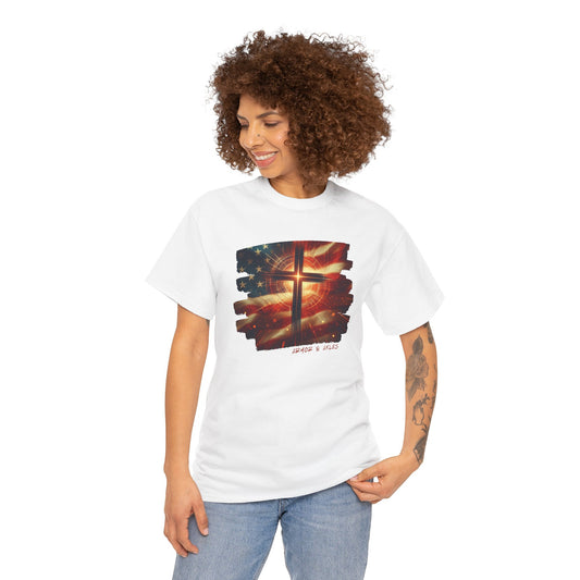 Radiant Cross American Flag T-Shirt – Christian Patriotic Graphic Tee | White