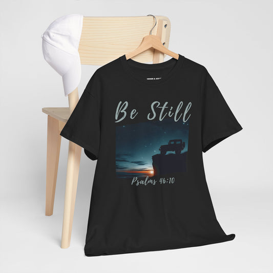 Be Still Inspirational 4x4 Mountain Sunset Tee – Psalms 46:10