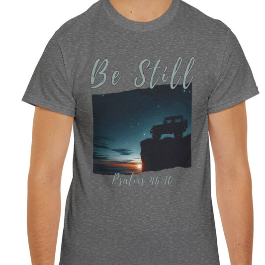 Be Still Christian off-road t-shirt Psalm 46:10

Faith-driven 4x4 mountain adventure tee

Christian outdoor off-road apparel by Armor & Axles

Mountain sunset faith-based t-shirt