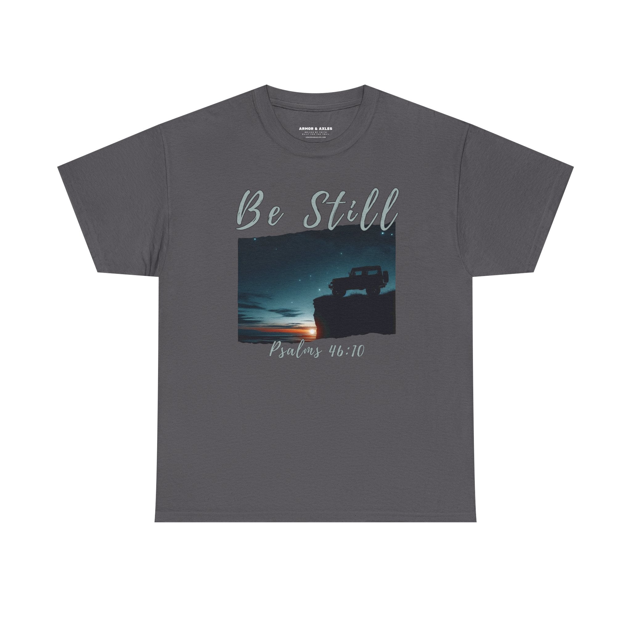 Be Still Inspirational 4x4 Mountain Sunset Tee – Psalms 46:10