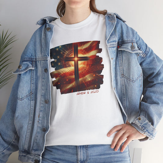 Radiant Cross American Flag T-Shirt – Christian Patriotic Graphic Tee | White