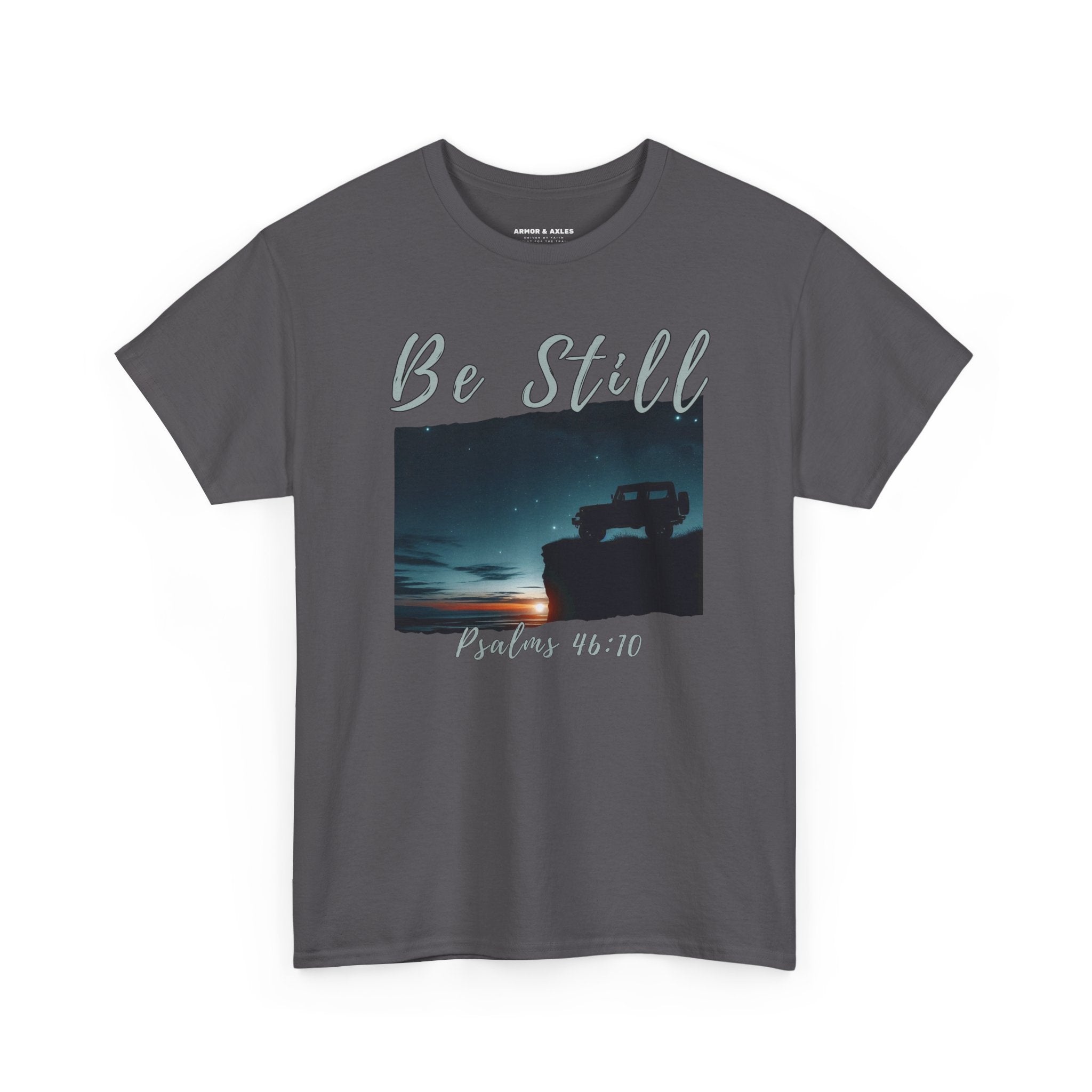 Be Still Inspirational 4x4 Mountain Sunset Tee – Psalms 46:10