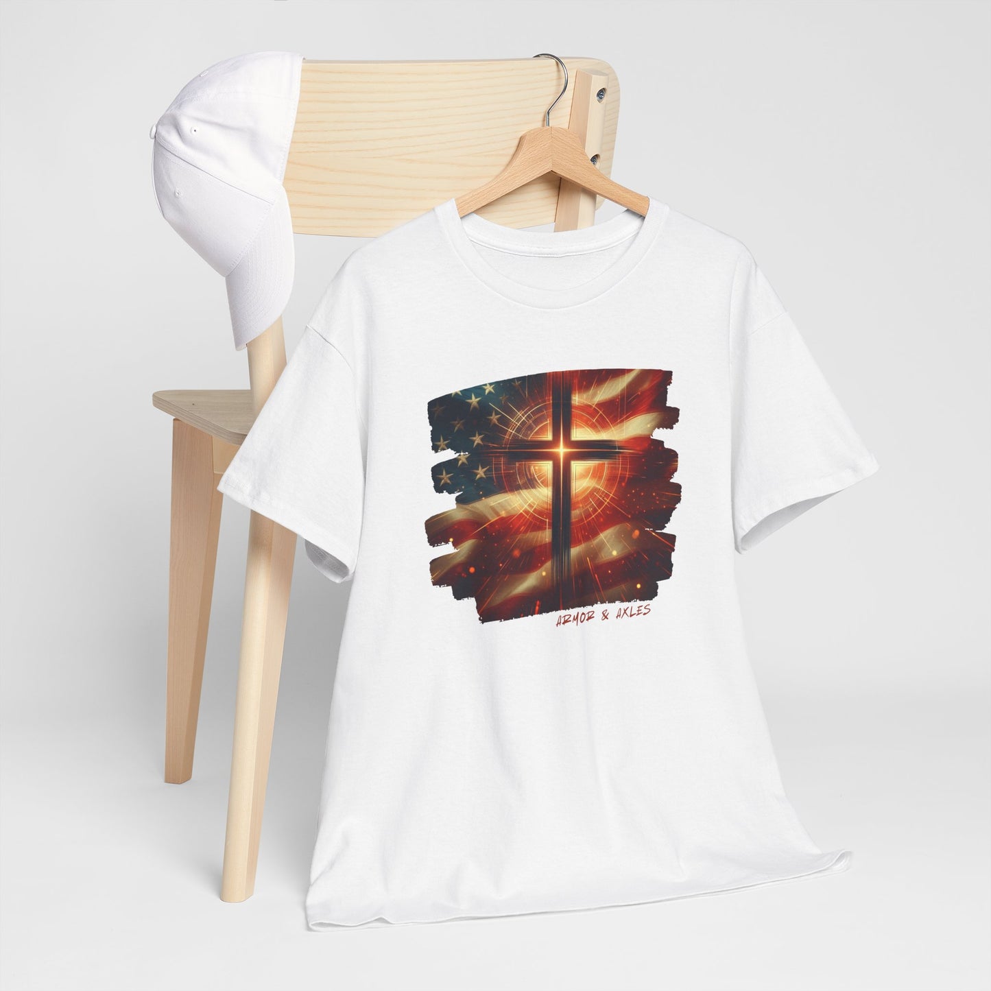 Radiant Cross American Flag T-Shirt – Christian Patriotic Graphic Tee | White