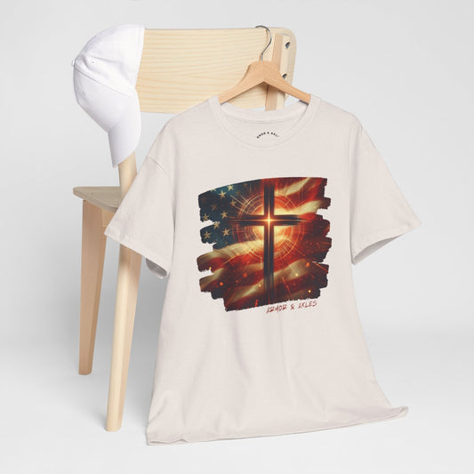 Radiant Cross American Flag T-Shirt – Christian Patriotic Graphic Tee | White